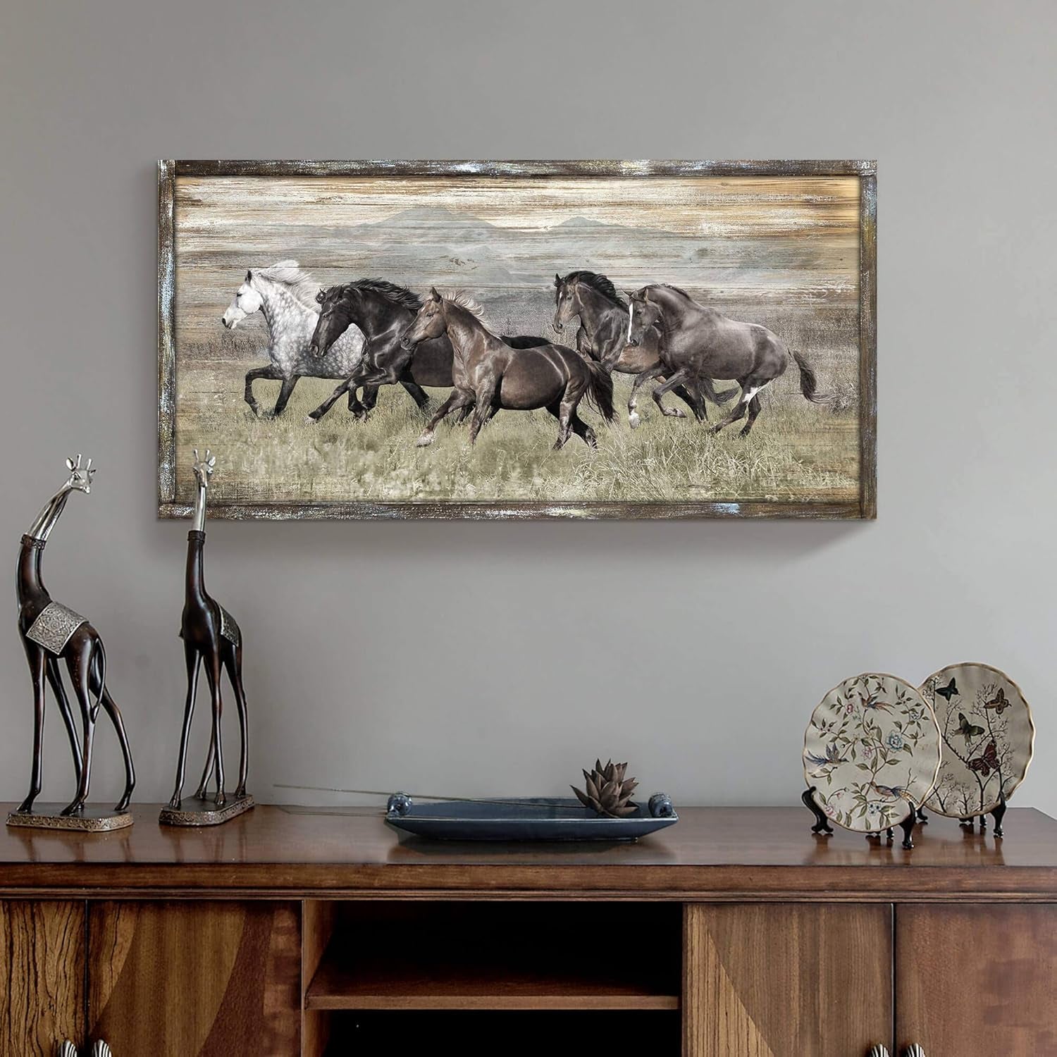 Wooden Horses Picture Wall Decor: Modern Running Wildlife Horse Animal Painting Print on Rustic Textured Wood Artwork Wall Art with Handcrafted Wooden Framed (40" X 20")