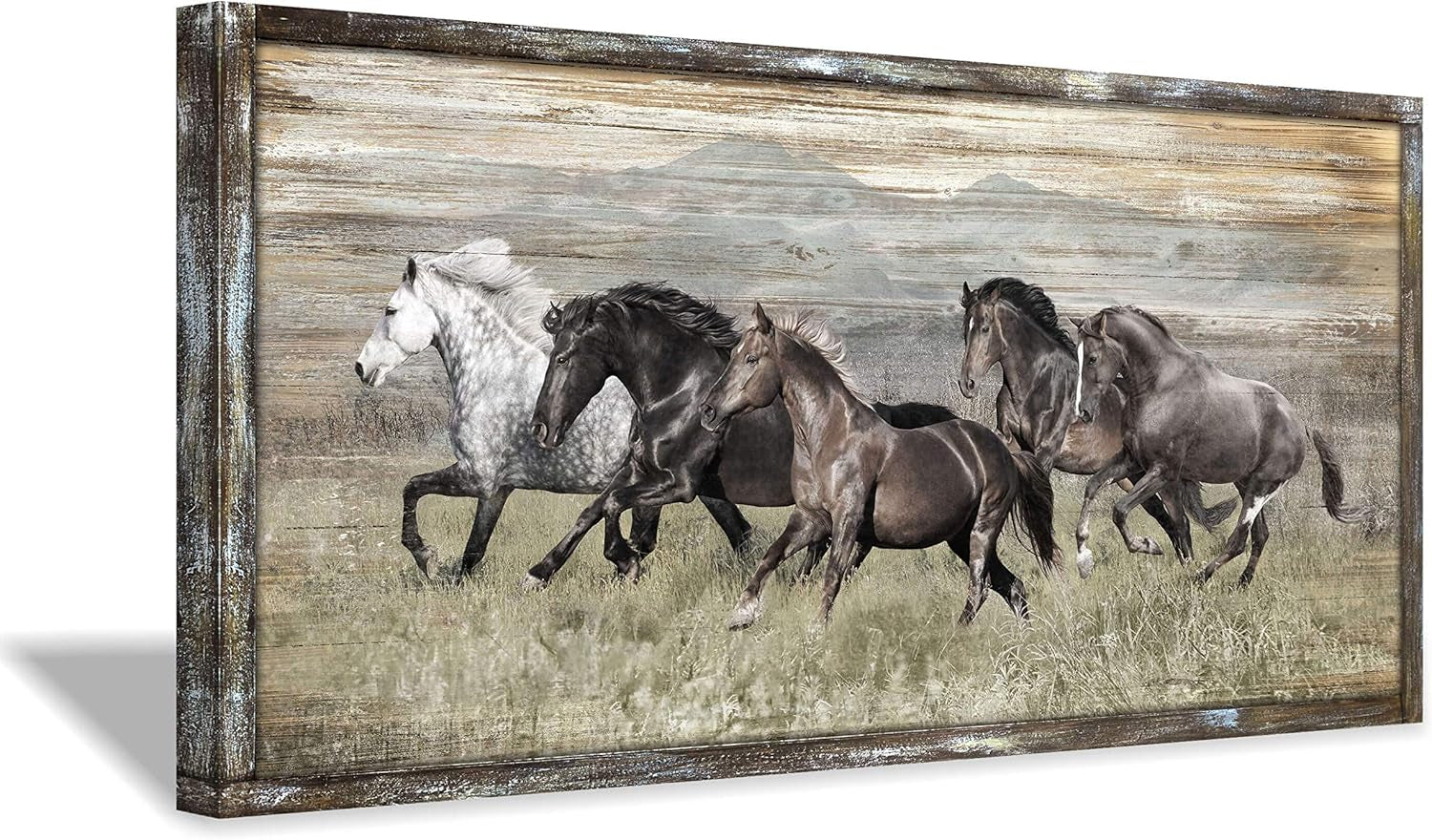 Wooden Horses Picture Wall Decor: Modern Running Wildlife Horse Animal Painting Print on Rustic Textured Wood Artwork Wall Art with Handcrafted Wooden Framed (40" X 20")
