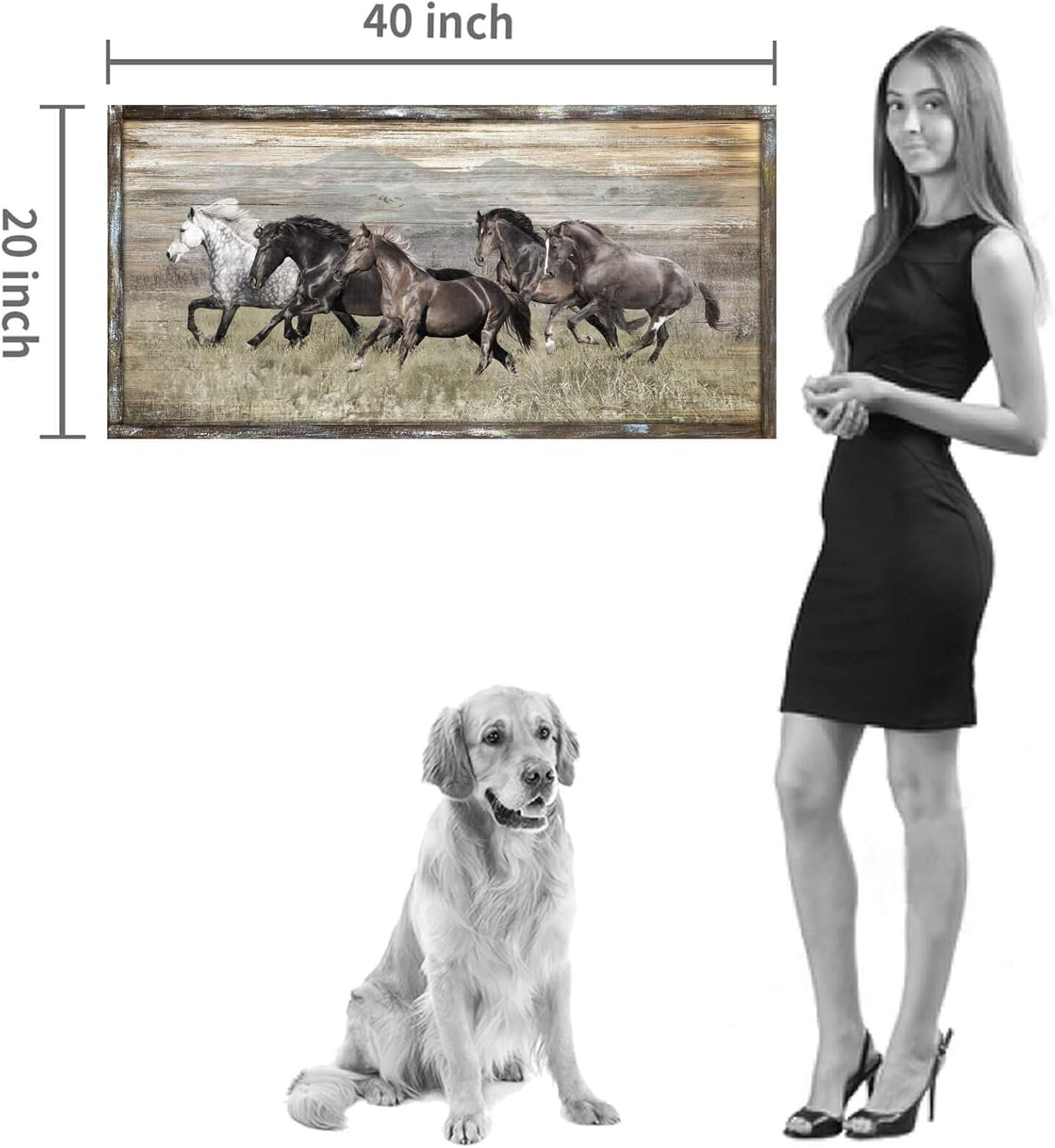 Wooden Horses Picture Wall Decor: Modern Running Wildlife Horse Animal Painting Print on Rustic Textured Wood Artwork Wall Art with Handcrafted Wooden Framed (40" X 20")