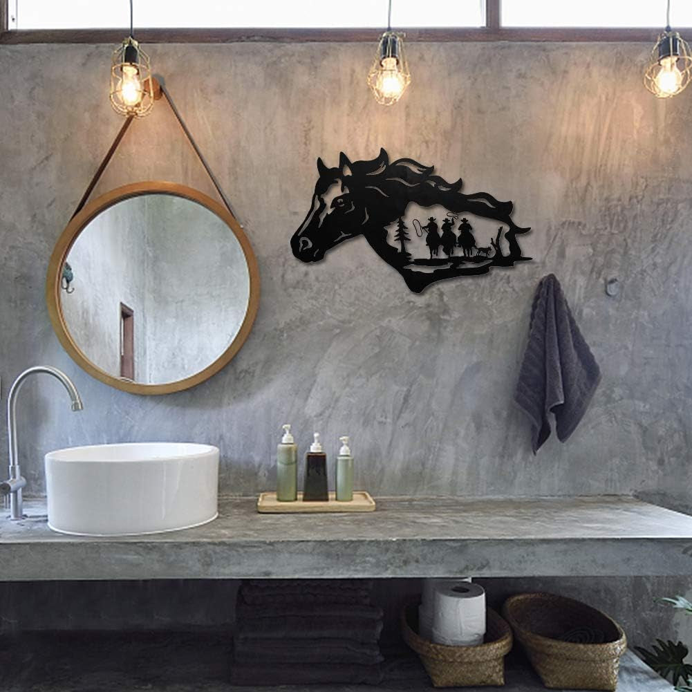 Wall Decor Hanging for Indoor Outdoor Home Bedroom Office Garden (Cowboy & Horse Black)