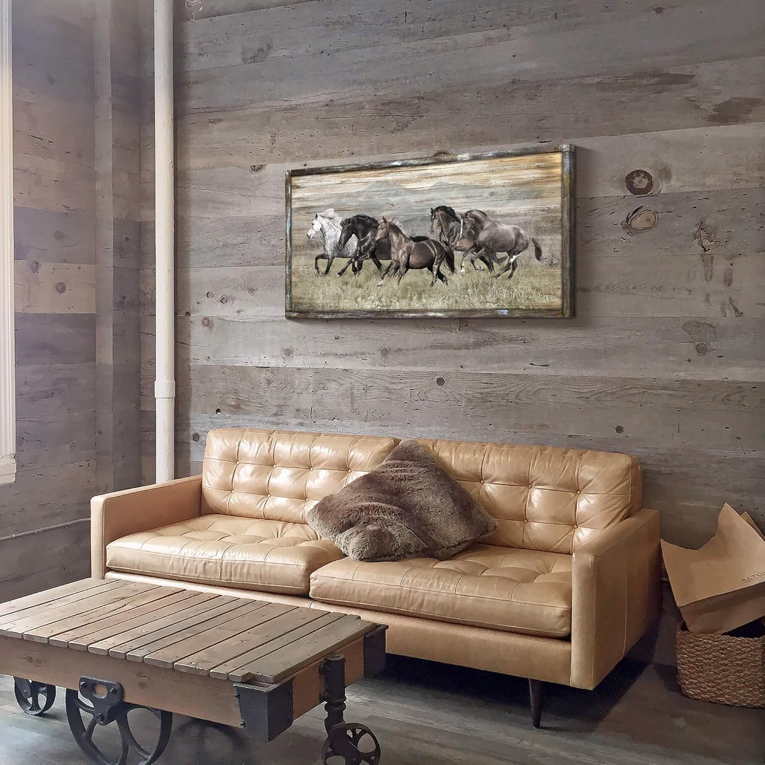 Wooden Horses Picture Wall Decor: Modern Running Wildlife Horse Animal Painting Print on Rustic Textured Wood Artwork Wall Art with Handcrafted Wooden Framed (40" X 20")