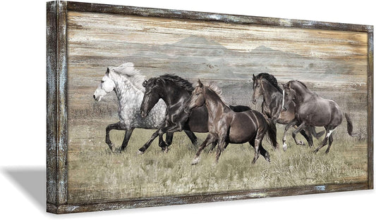 Wooden Horses Picture Wall Decor: Modern Running Wildlife Horse Animal Painting Print on Rustic Textured Wood Artwork Wall Art with Handcrafted Wooden Framed (40" X 20")